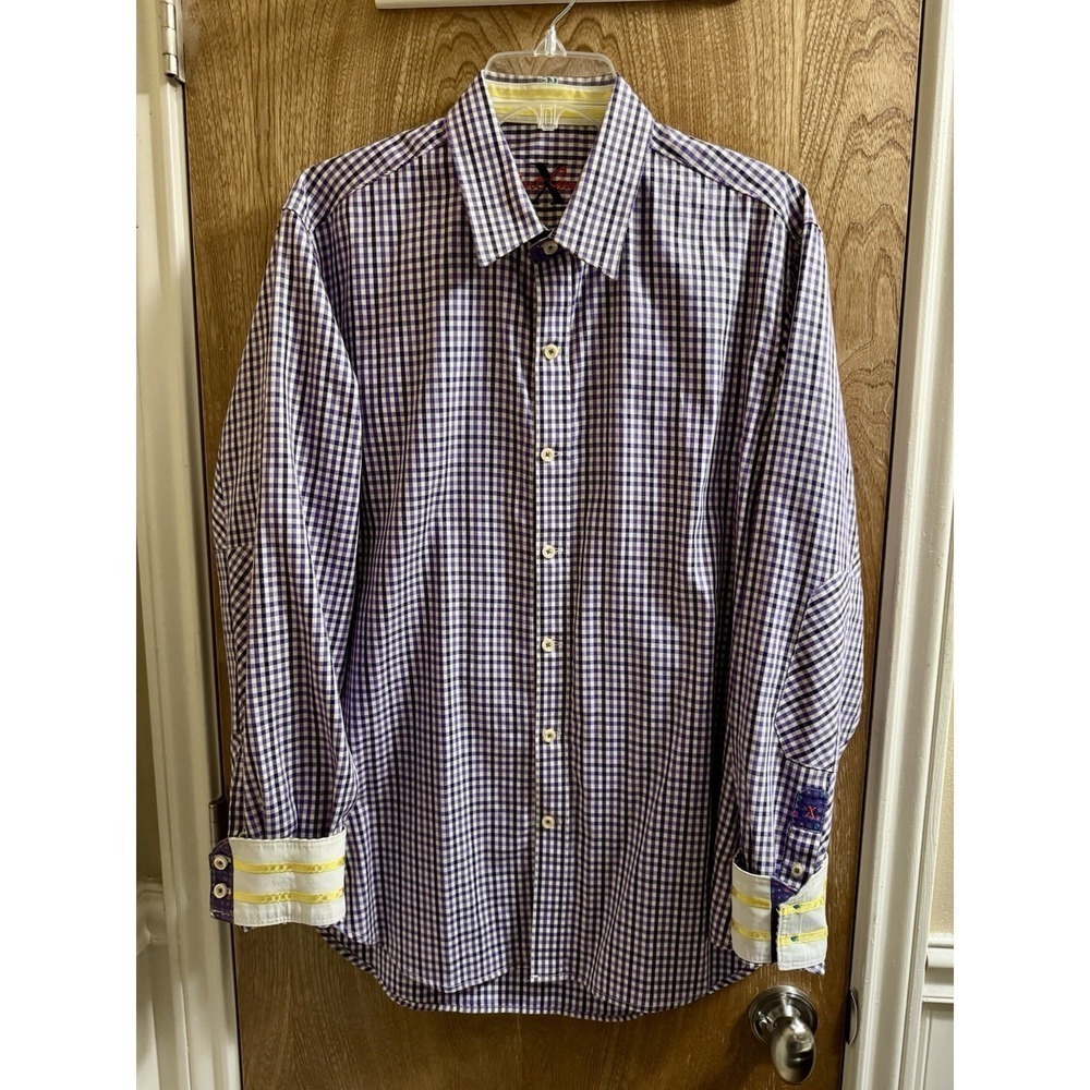 ROBERT GRAHAM Men's Black Purple Check Long Sleeve Button Shirt Flip Cuff L